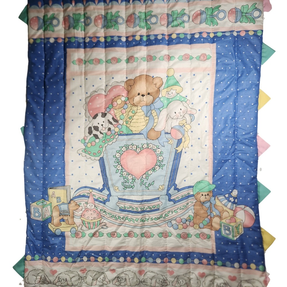 Vintage Teddy Bear Puppy Bunny Toy Box Baby Blanket Puff Quilt Blue Polka Dot